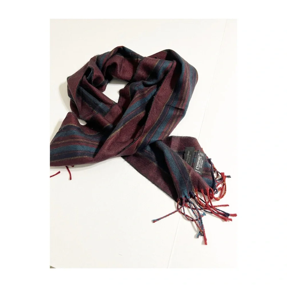 Christian Dior Striped Cashmere Burgundy and Blue Men's Scarf Fringe Vintage